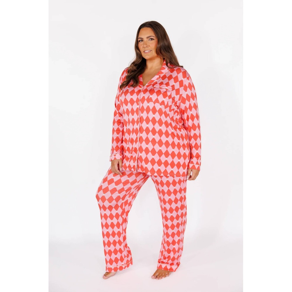 In My Sundays Argyle Pajama Set Pink Size Medium New With Tags - Picture 3 of 10